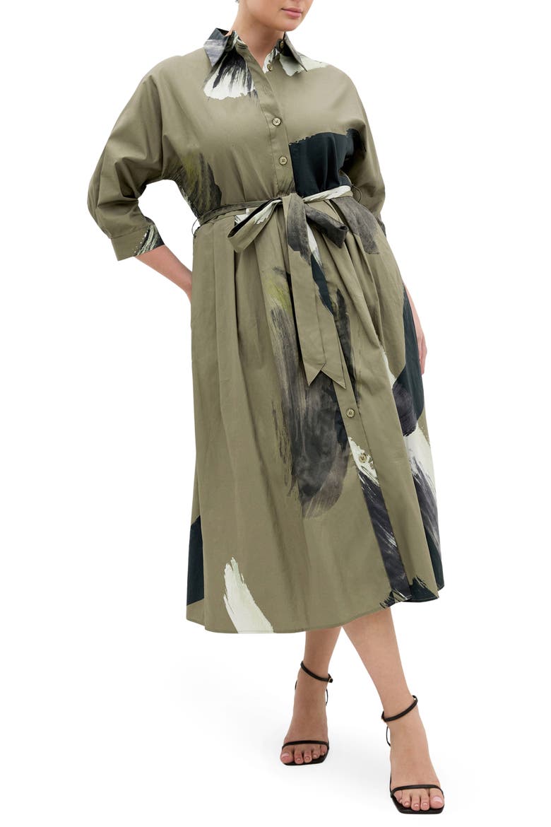Angel Brushstroke Belted Cotton Shirtdress, Main, color, KHAKI MUSE