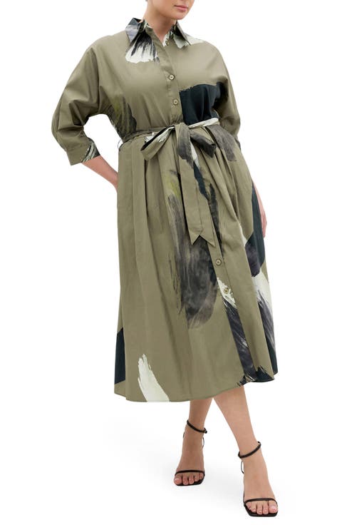 Angel Brushstroke Belted Cotton Shirtdress (Plus)
