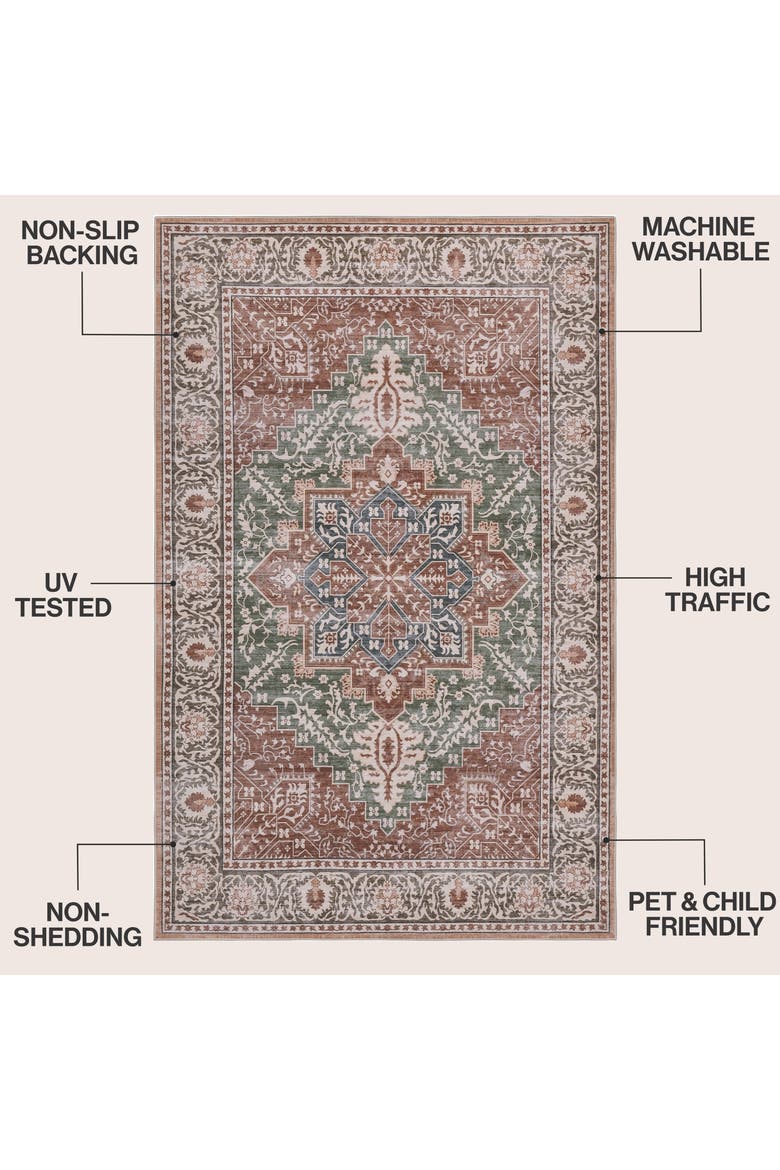 Eleanor Vintage Medallion Border Non-Slip Machine-Washable Green/Brown 4 ft. x 6 ft. Area Rug, Alternate, color, Green/Brown