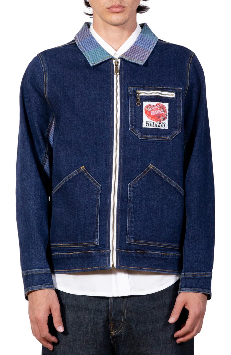 PLEASURES x Richard Bernstein Cake Denim Zip Jacket, Main, color, Indigo
