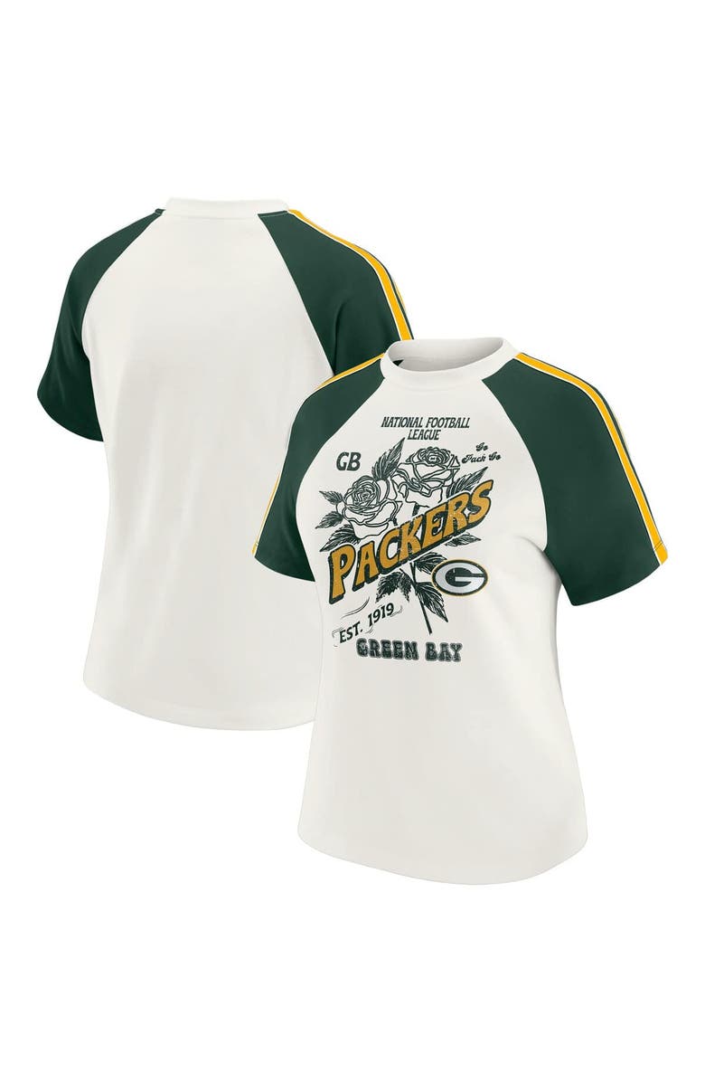 WEAR by Erin Andrews Women's WEAR by Erin Andrews White Green Bay Packers Sleeve Stripe Distressed Raglan T-Shirt, Main, color, White