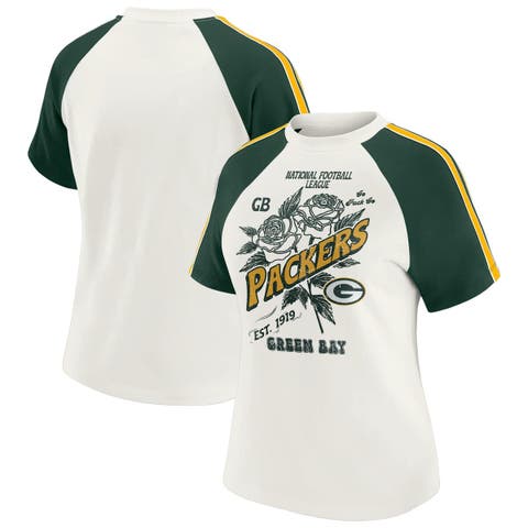 Women's WEAR by Erin Andrews White Green Bay Packers Sleeve Stripe Distressed Raglan T-Shirt
