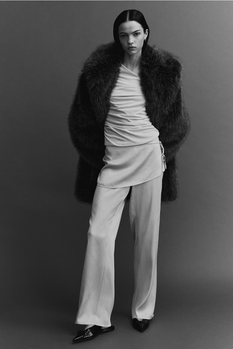 Skirt-layered Satin Trousers, Alternate, color, Light beige
