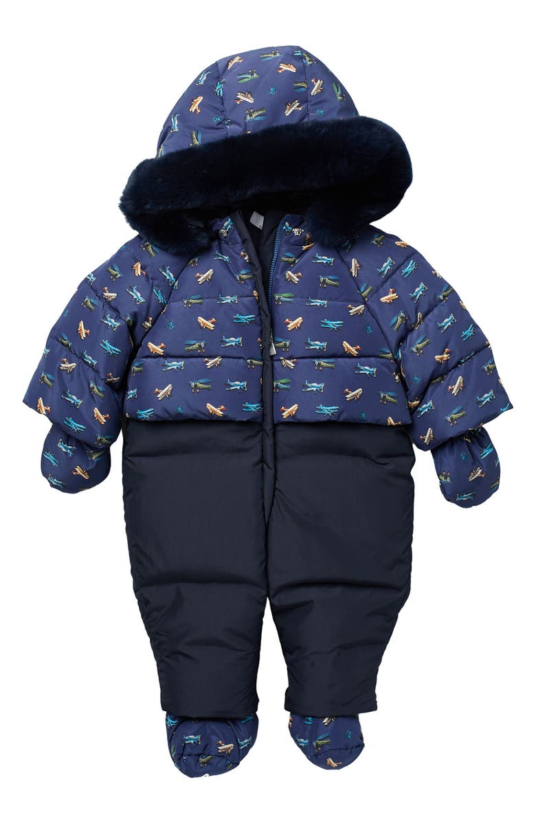 Versace Genuine Fur Trimmed Plane Print Footed Snow Suit, Main, color,