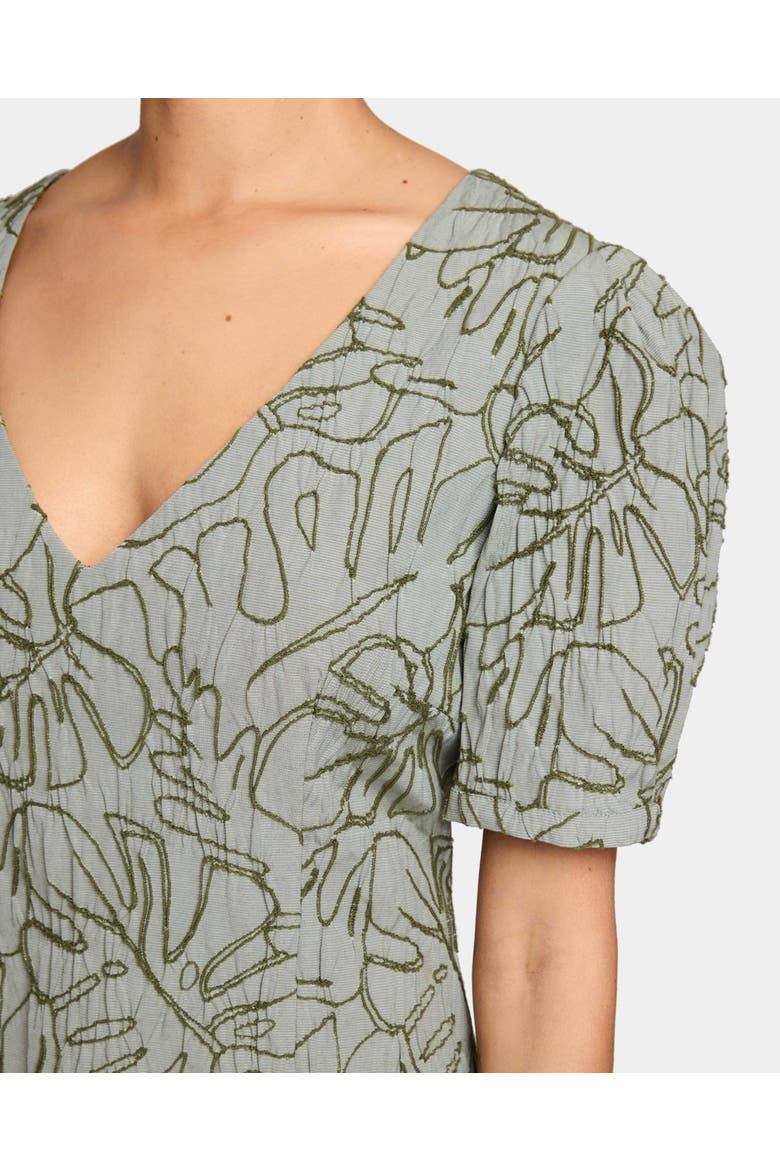 Bianca A-Line Shift Dress with Puff Sleeves in Abstract Stretch Cotton Cloque, Alternate, color, ALOE