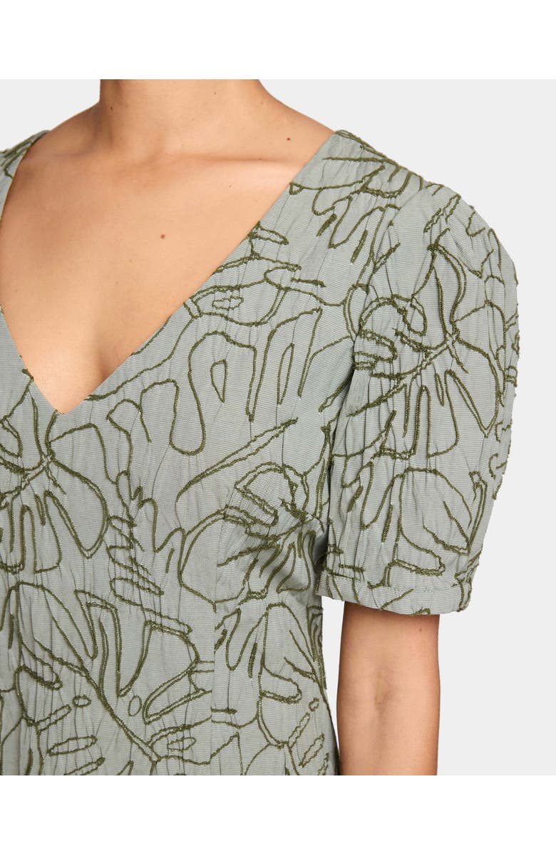 Santorelli Bianca A-Line Shift Dress with Puff Sleeves in Abstract Stretch Cotton Cloque, Alternate, color, Aloe