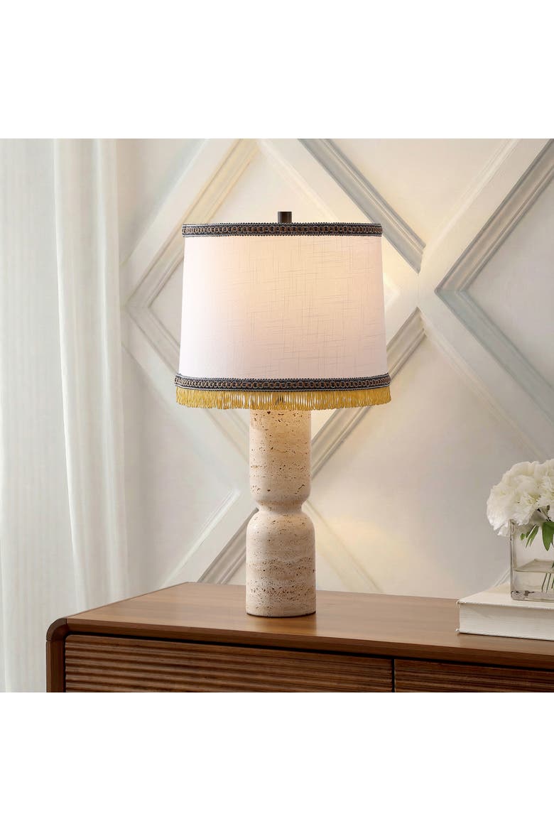 Lacy Organic Modern Sculptural Hourglass Travertine Stone with Fringed Drum Shade LED Table Lamp, Alternate, color, Natural Beige Marble