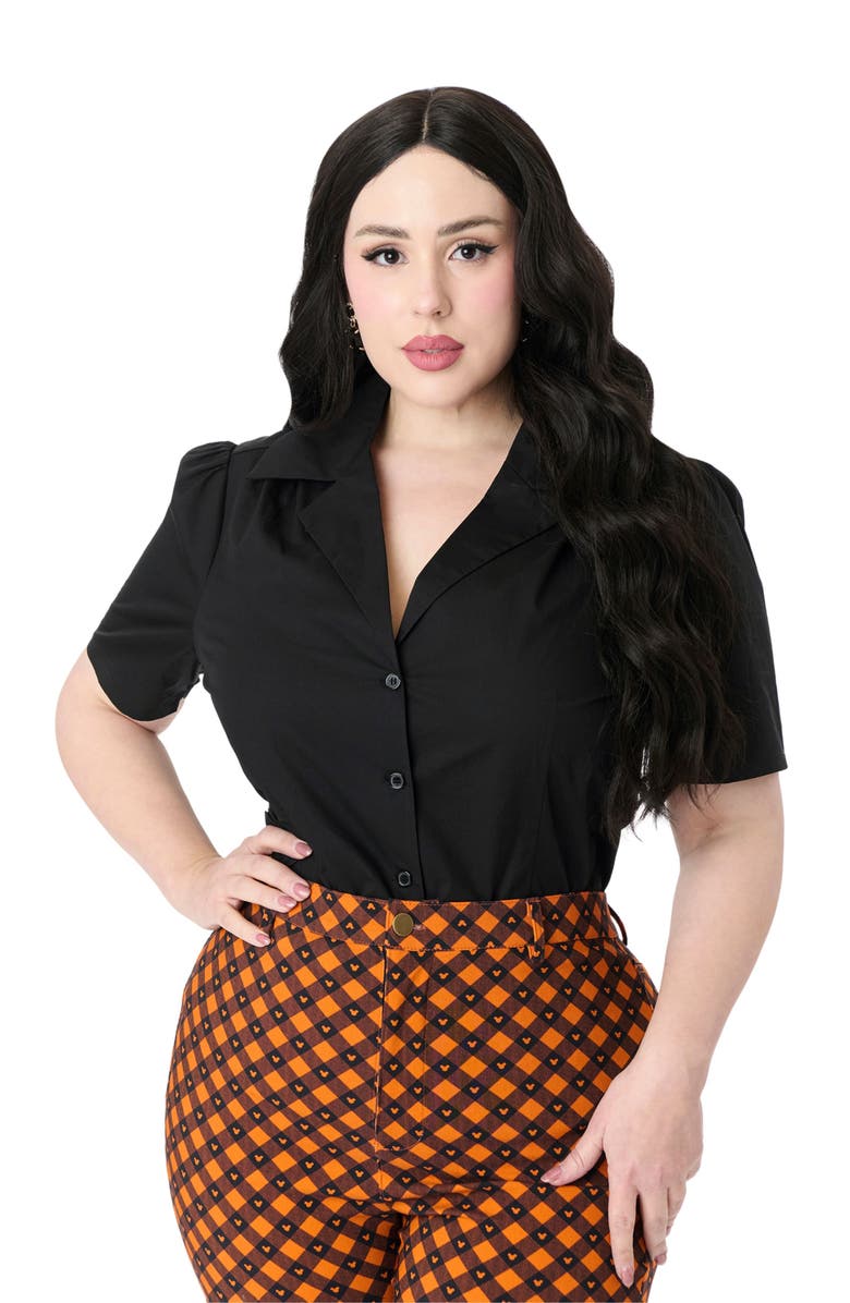 Unique Vintage Plus Size 1940s Short Sleeve Collared Button Down Woven Blouse, Main, color, 