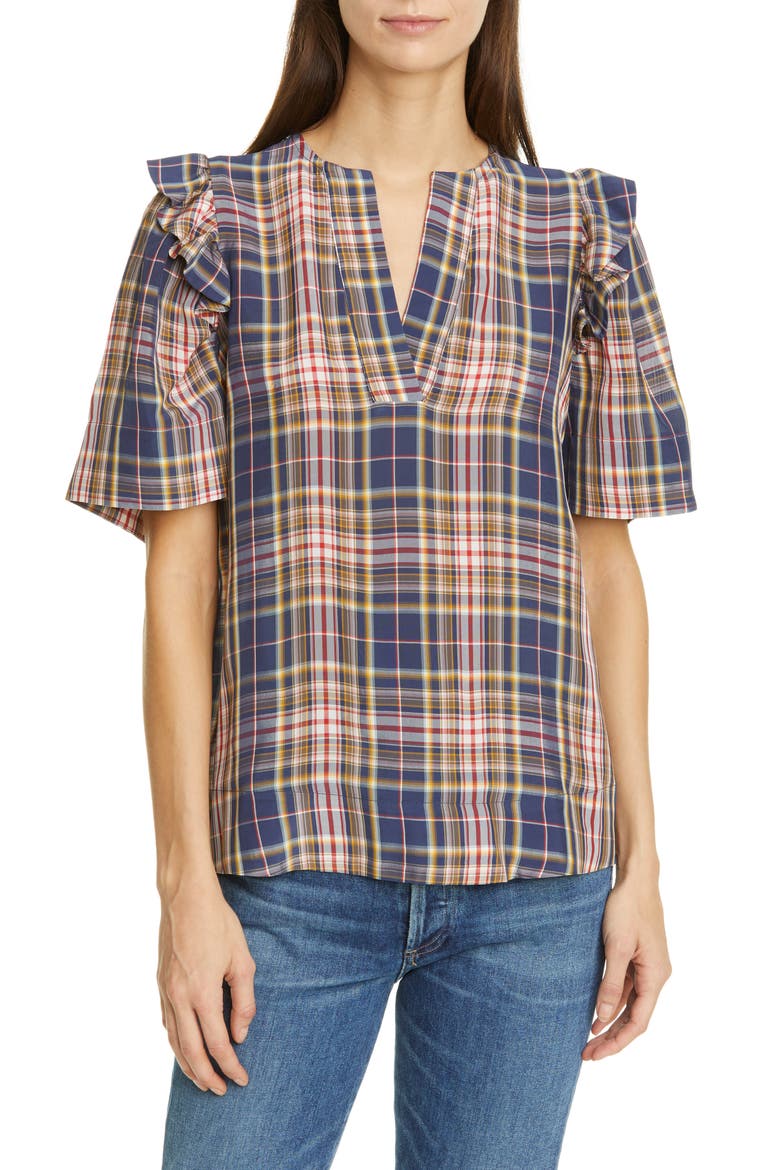 Sea Rooney Ruffle Shoulder Plaid Top, Main, color, PLAID