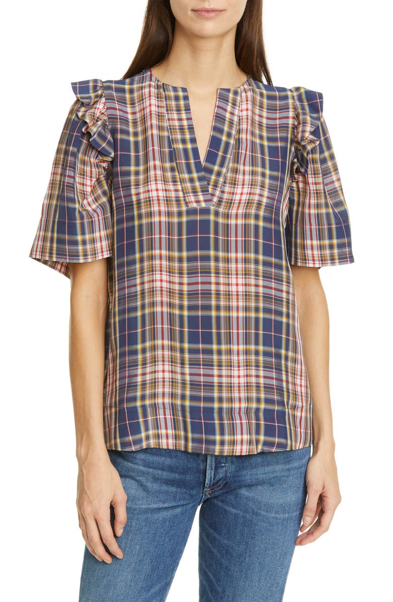 Sea Rooney Ruffle Shoulder Plaid Top, Main, color, 