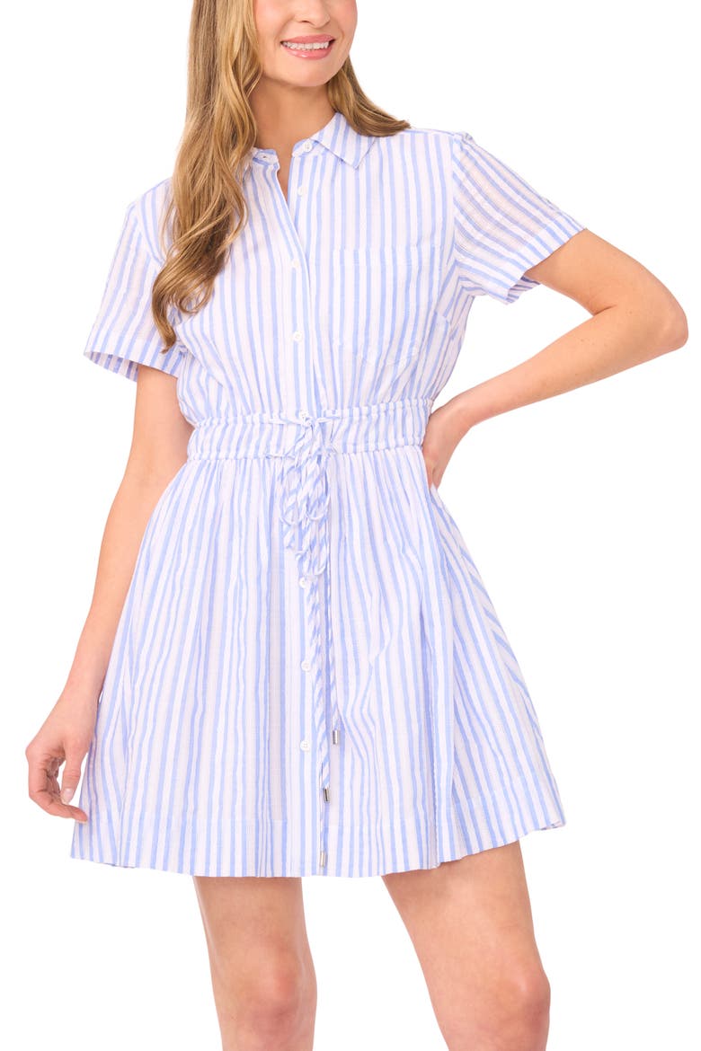 Prentiss Tie Waist Cotton Mini Shirtdress, Alternate, color, BLUE SURF
