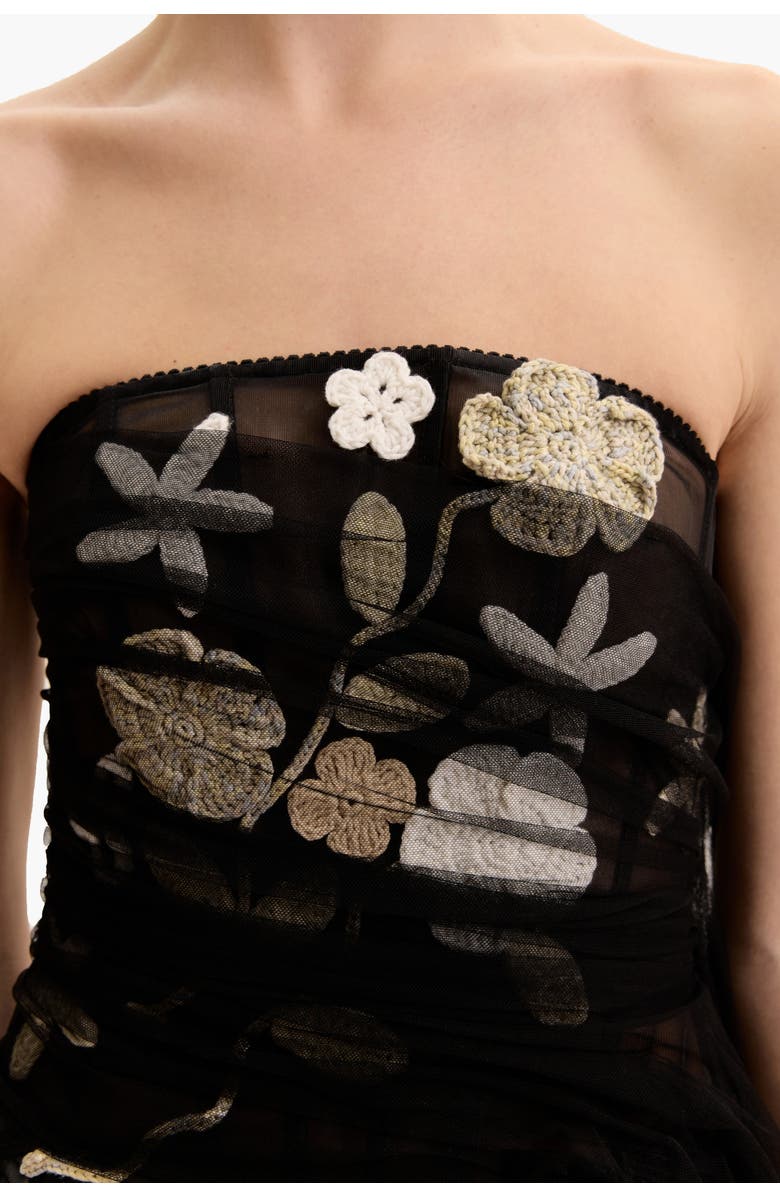Malva Florea Strapless Corset Top With 3D Crochet Florals, Alternate, color, Black