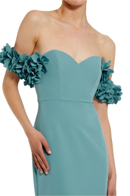 Mac Duggal Off-the-shoulder Crepe Gown With 3d Floral Appliqué