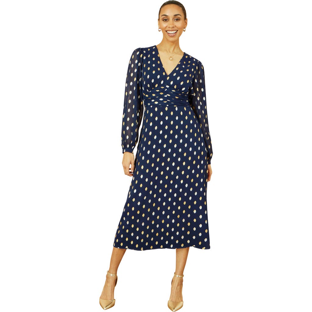 Yumi Elegant Foil Print Midi Dress In Blue