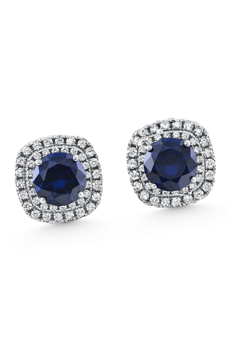 2.65Ct Cushion Halo Blue Sapphire Diamond Studs 14k Gold Earring Lab Grown, Alternate, color, 14k White Gold