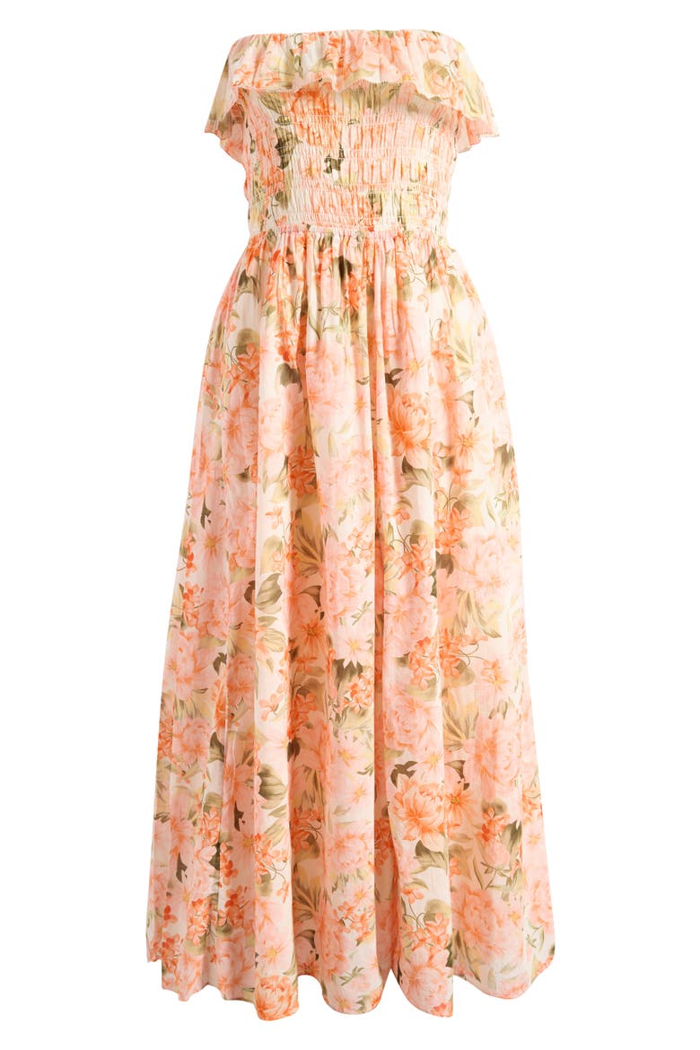 Shirred Floral Print Maxi Dress, Alternate, color, ORANGE