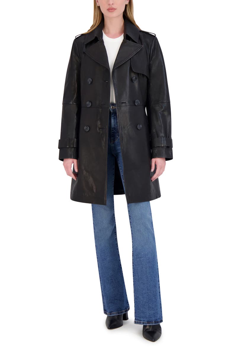 Tahari Natalie Leather Trench Coat, Alternate, color, Black