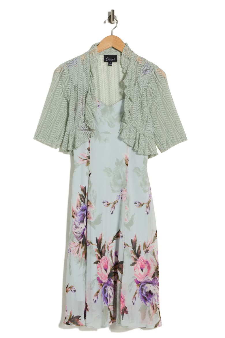 Floral Chiffon Dress & Lace Shrug Set, Alternate, color, SAGE