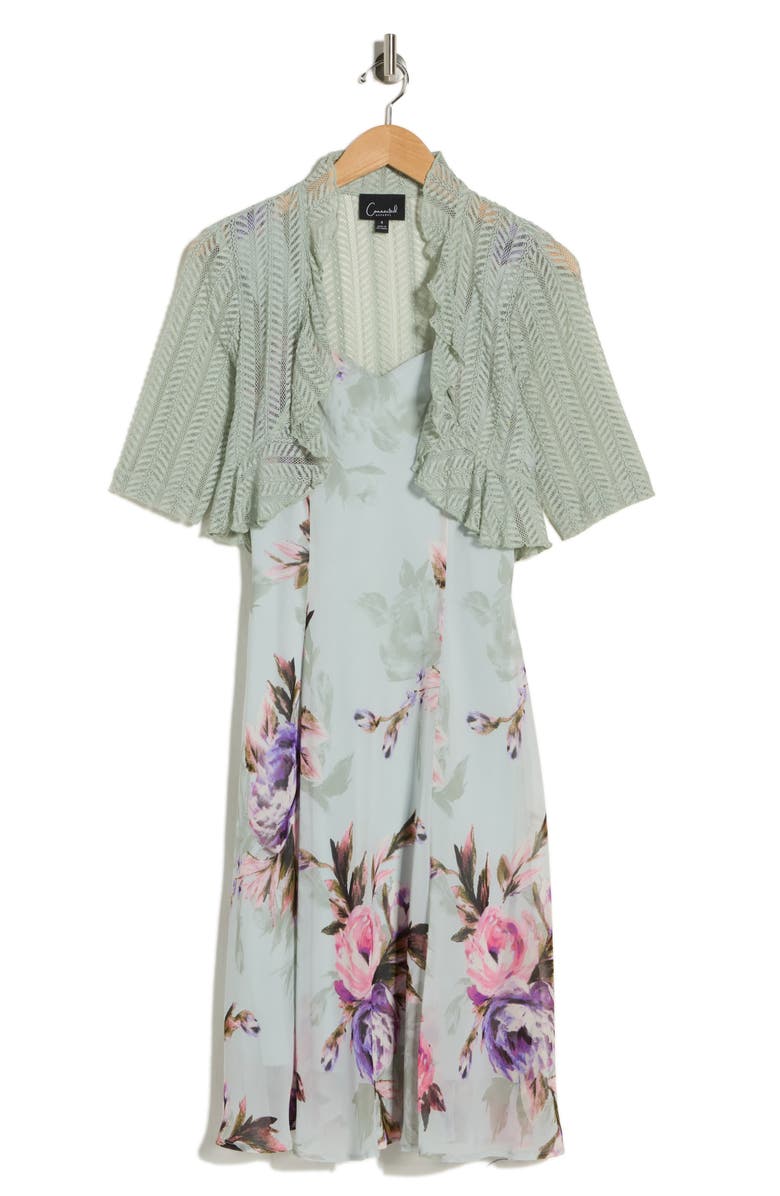 Connected Apparel Floral Chiffon Dress & Lace Shrug Set, Alternate, color, Sage