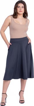 24seven Comfort Apparel Elastic Waist Pleated Pocket Midi Skirt