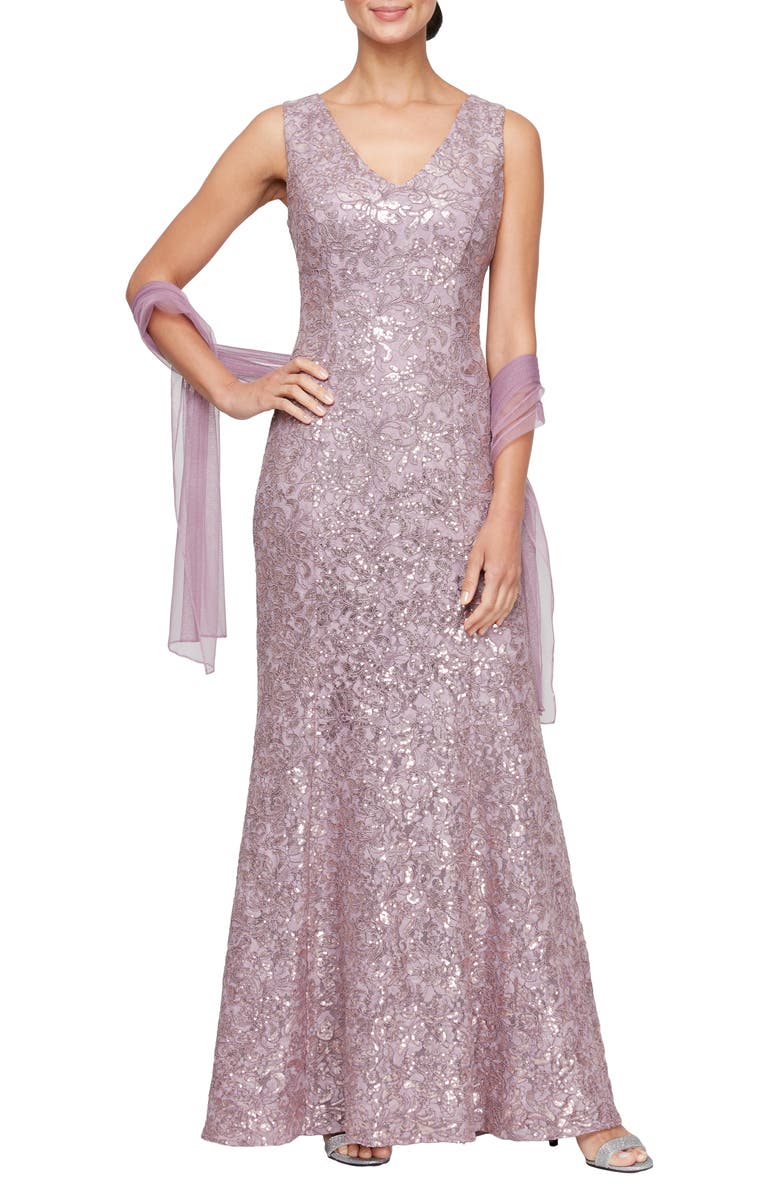 Alex Evenings Beaded Trumpet Gown with Shawl, Main, color,