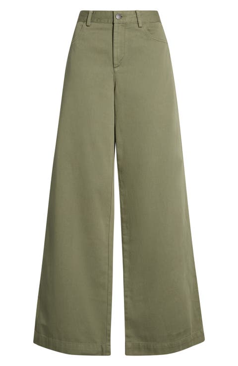 Washed Cotton Mid Rise Wide Leg Pants