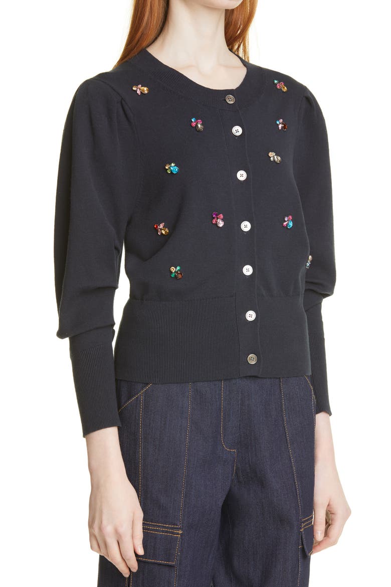 Cece Embellished Puff Sleeve Cardigan, Alternate, color, NAVY