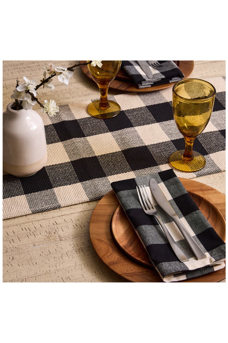 Checkered Fringe Cotton Table Runner, Alternate, color, BLACK