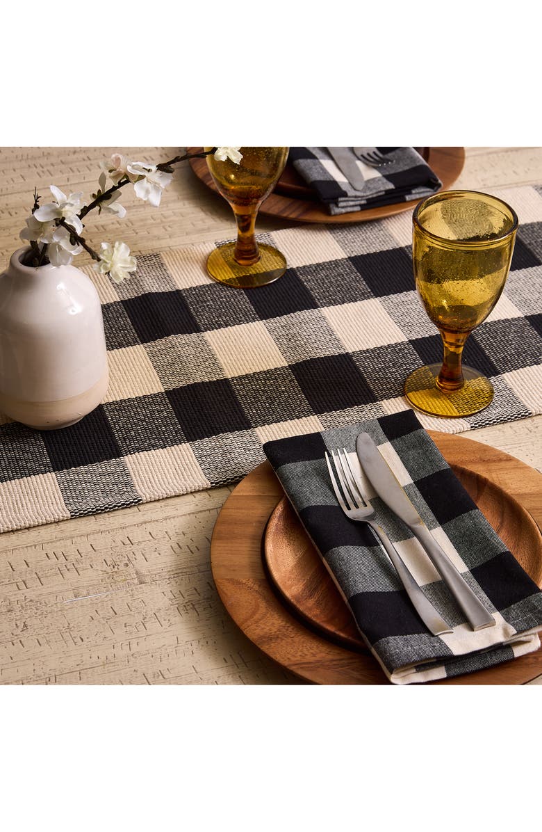 Design Imports Checkered Fringe Cotton Table Runner, Alternate, color, Black