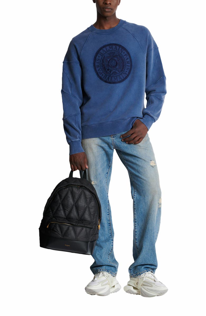 Balmain Ribbed Sweatshirt With "Coin" Embroidery, Alternate, color, Navy