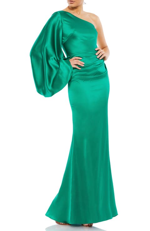 Satin One Shoulder Puff Sleeve Gown