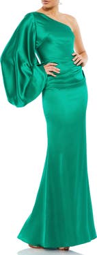 Ieena for Mac Duggal Satin One Shoulder Puff Sleeve Gown