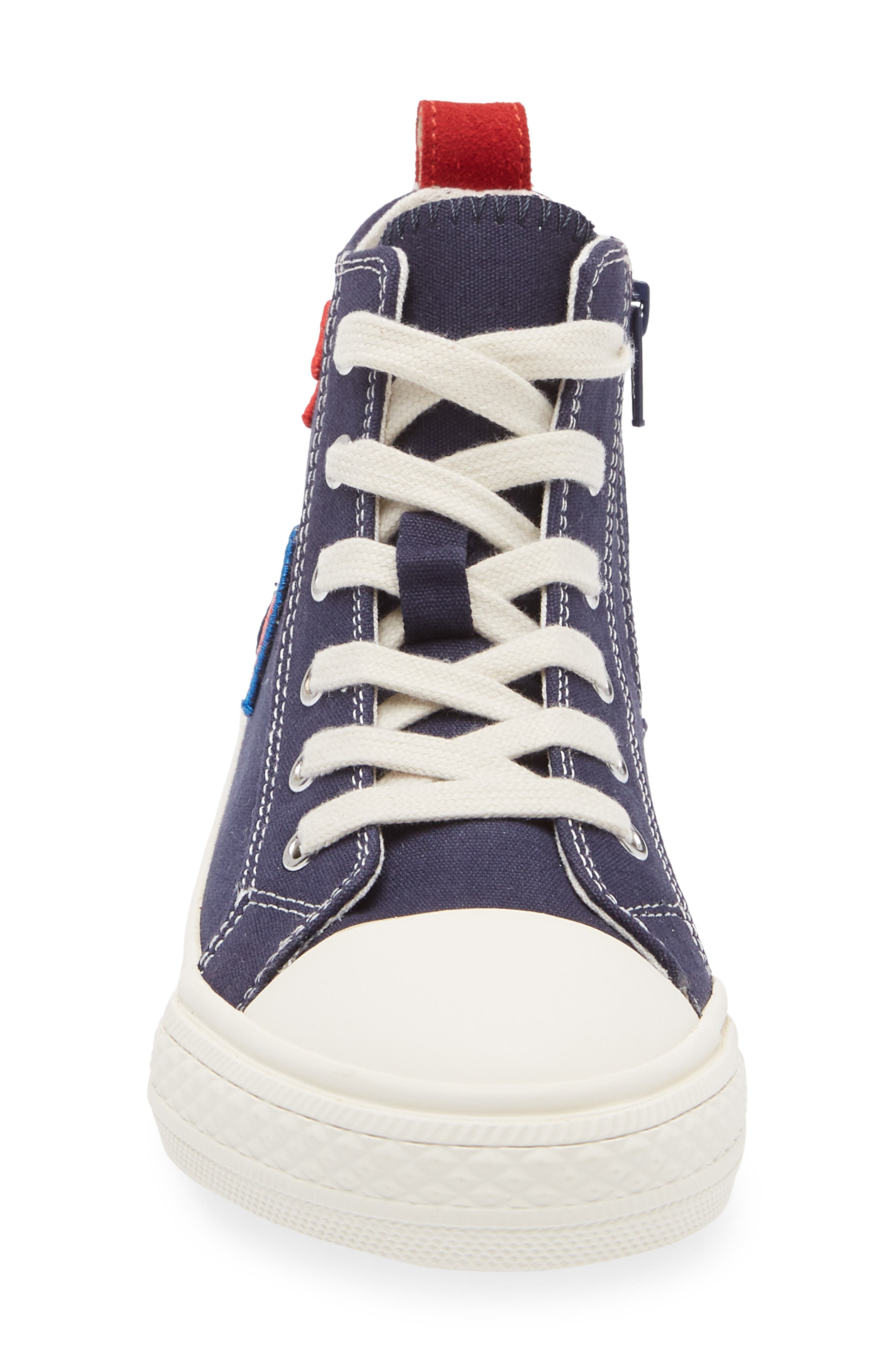 Mini Boden Kids' Canvas High Top Sneaker, Alternate, color, Navy Badges