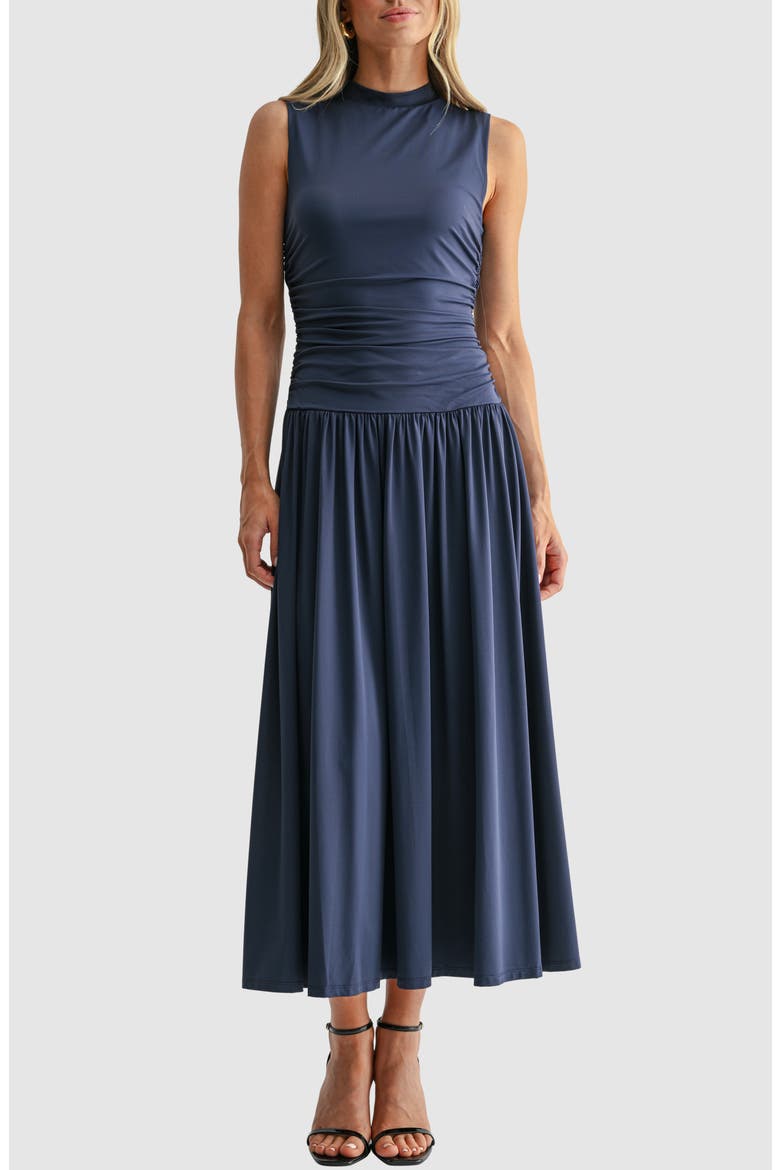 Ruched Mock Neck Drop Waist Fit & Flare Midi Dress, Main, color, NAVY