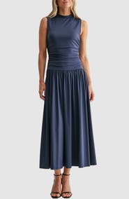 Mila Mae Ruched Mock Neck Drop Waist Fit & Flare Midi Dress