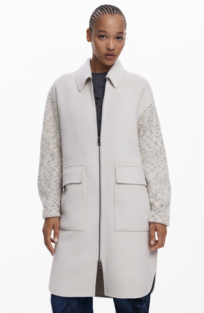 Desigual Mixed Media Longline Overcoat, Alternate, color, Beige