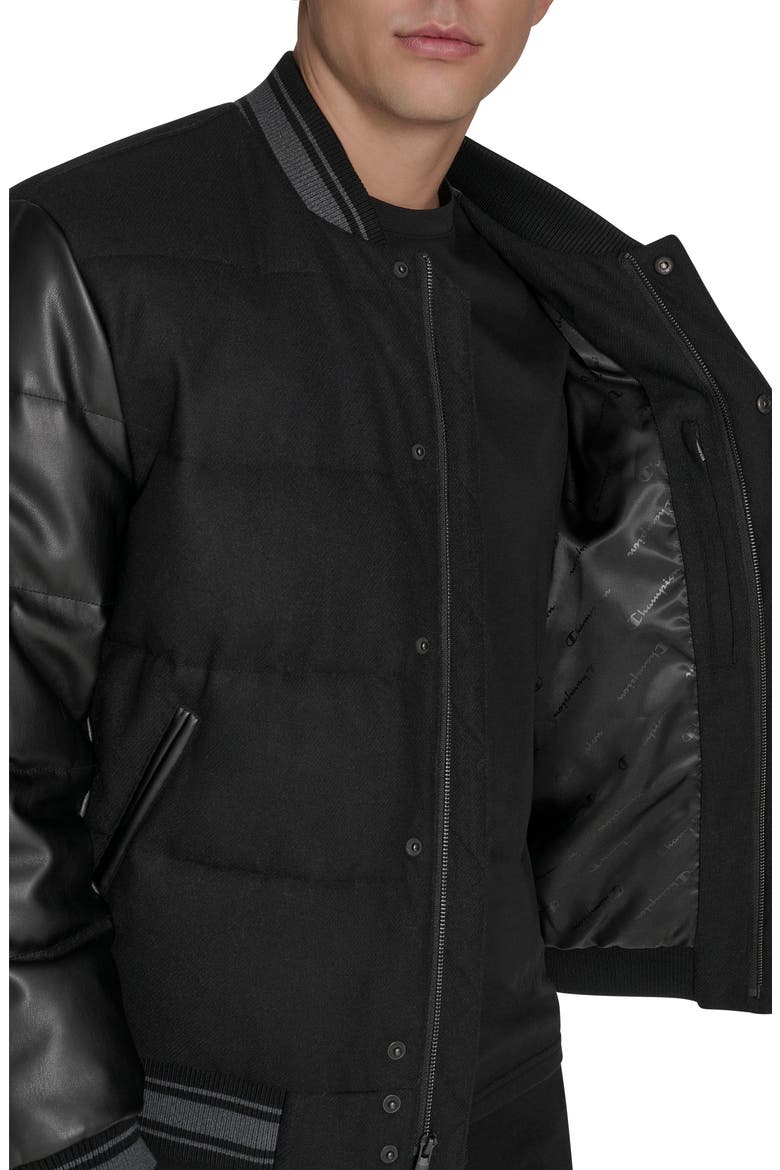 Mixed Media Varsity Puffer Jacket, Alternate, color, BLACK