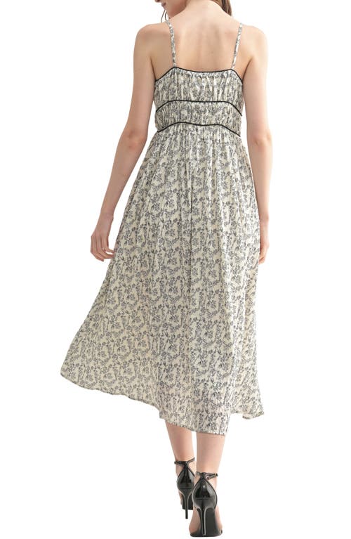 Lush Contrast Piping Floral Midi Dress In Cream Black