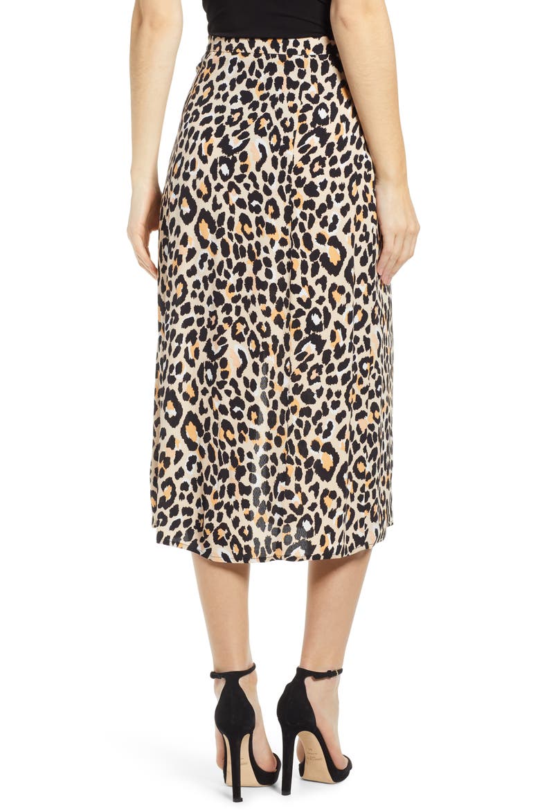 Leopard Print Button Front Midi Cotton Blend Skirt, Alternate, color, LEOPARD PRINT