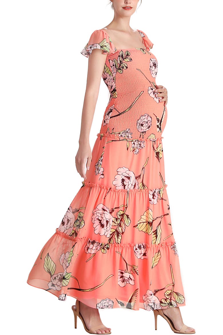 Addy Smocked Maternity Maxi Dress, Alternate, color, Coral