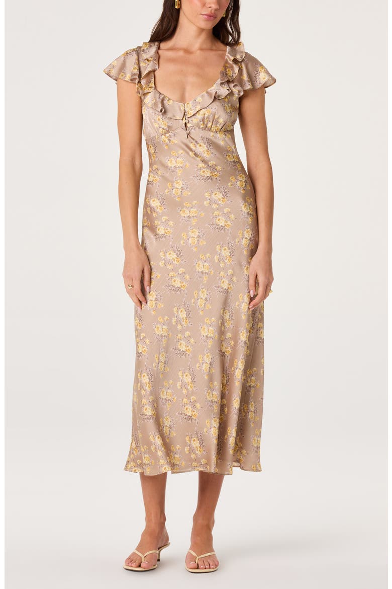 Nico Floral Ruffle Cap Sleeve Midi Dress, Main, color, TAUPE YELLOW FLORAL