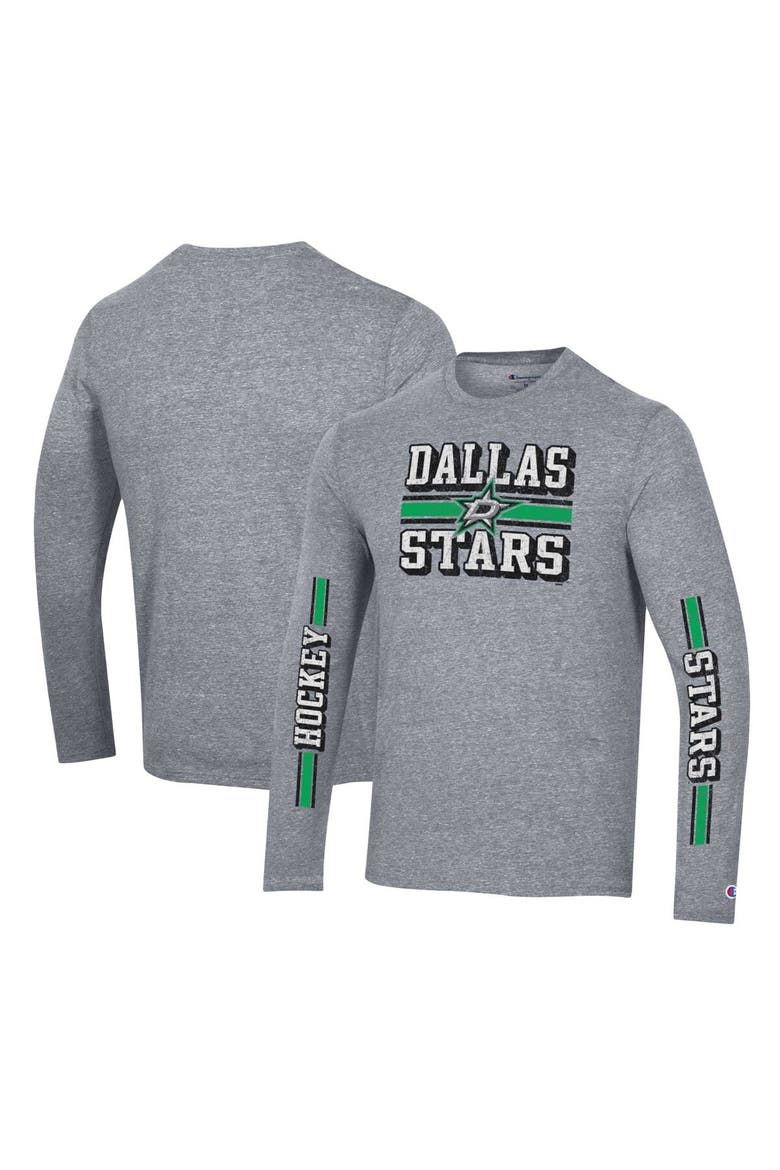 Men's Champion Heather Gray Dallas Stars Tri-Blend Dual-Stripe Long Sleeve T-Shirt, Main, color, Heather Gray