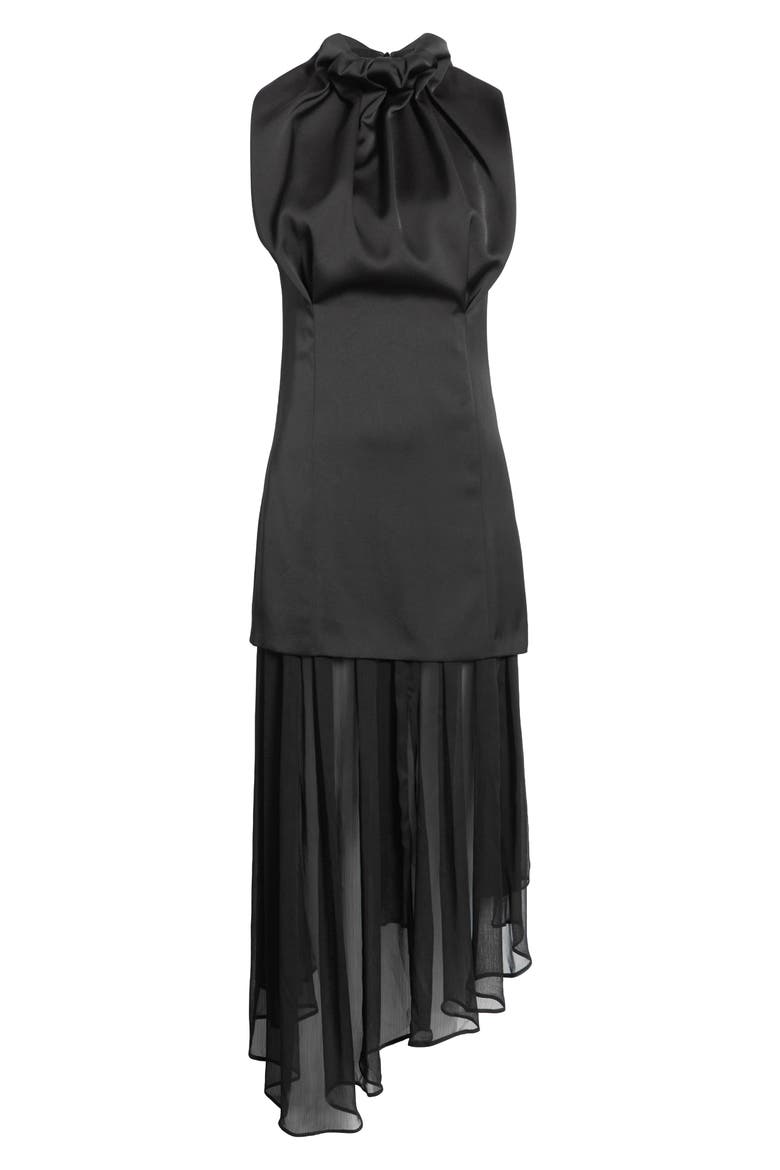 Draped High Neck Asymmetric Satin & Chiffon Dress, Alternate, color, BLACK