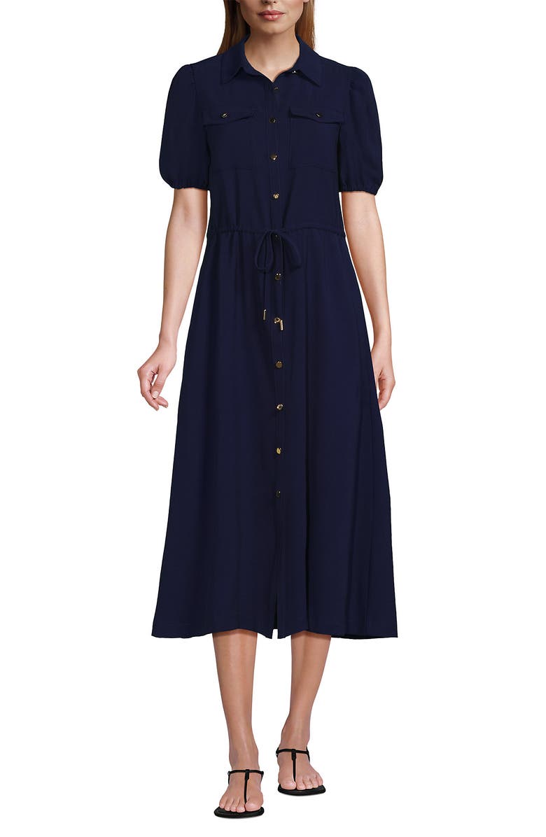 Lands' End Twill Button Front Fluid Short Sleeve Dress, Alternate, color, Deep Sea Navy