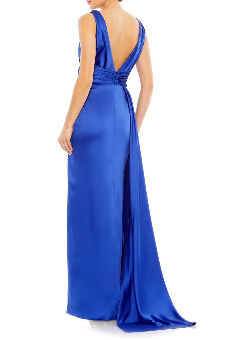 Sleeveless V Neck Self Tie Overlay Train Satin Gown, Alternate, color, ROYAL