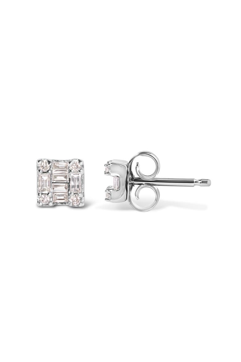 10K White Gold 1/7 Ct Round and Baguette Diamond Mosaic Square Stud Earrings, Alternate, color, White