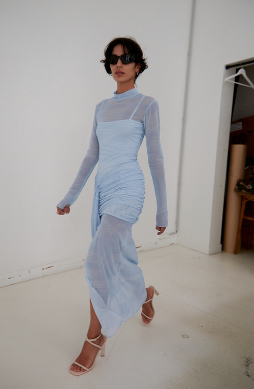 Saemdi Draped Mesh Dress With Mock Neck In Ice Blue