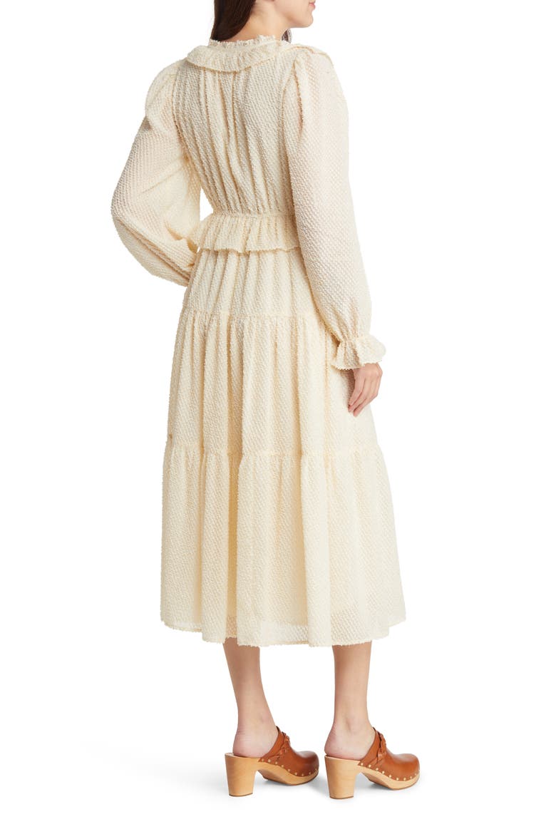 Ruffle Clip Dot Long Sleeve Chiffon Midi Faux Wrap Dress, Alternate, color, CREAM