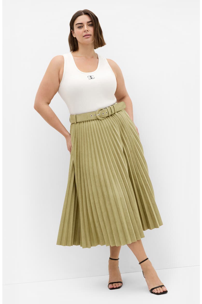 Pleated Belted Faux Suede Skirt, Alternate, color, SAGE