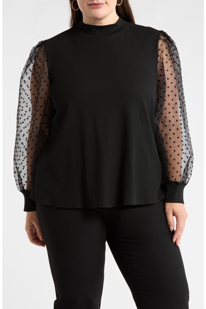 Swiss Dot Chiffon & Rib Top, Main, color, BLACK